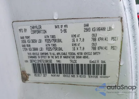 1996 Dodge Ram 1500 из США, поврежденный, VIN 3B7HC13Y6TG180182